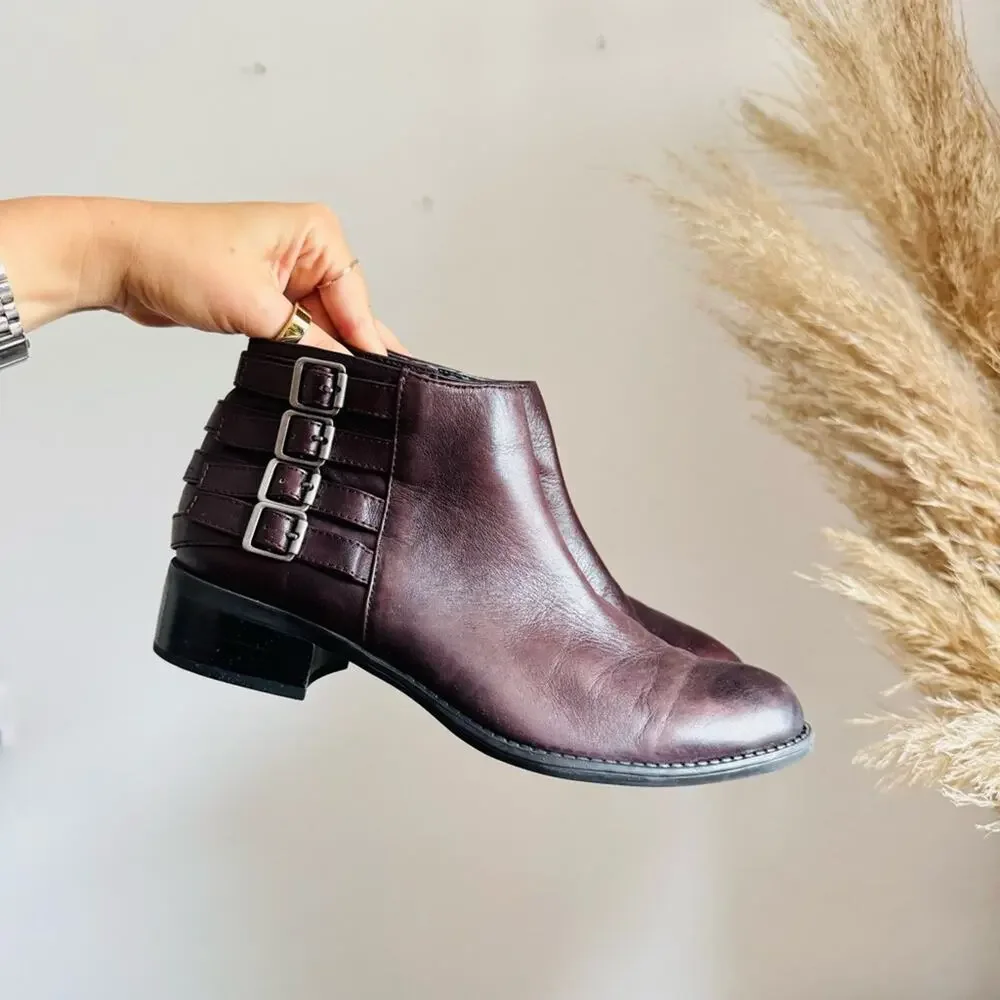 FRANCO SARTO Black Plum Purple Buckle $195 Low Ankle Boots Booties Shoes 8.5